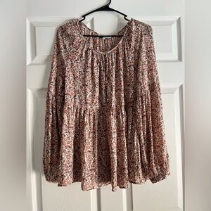 Ro & De Pink & White Floral Boho Peasant Button Flowy Long Sleeve Blouse Large